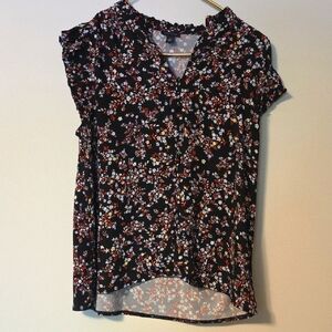 Ann Taylor Black and Pink Ruffled Cap Sleeve Blouse